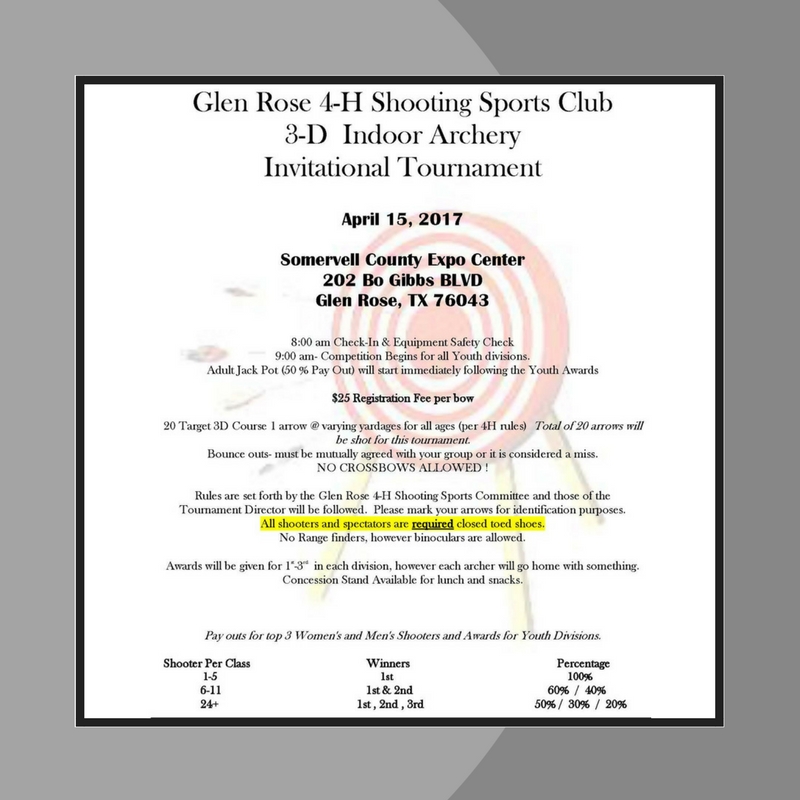 Come out for a great archery tournament - Sat., 4/15 at 8am in Glen Rose, TX. $25/bow - No Crossbows allowed