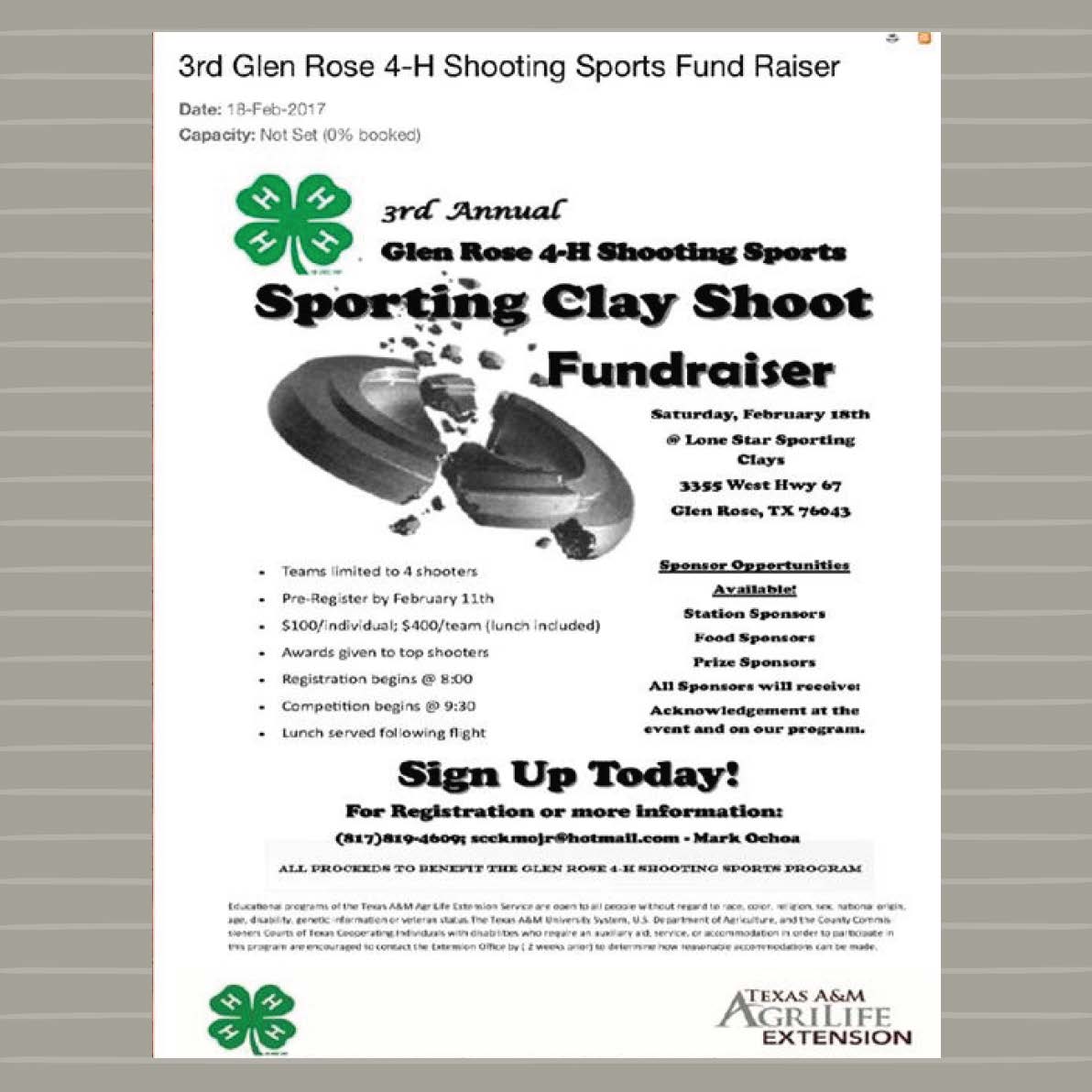 Sporting Clay Shoot, please call 817-819-4609 for more information